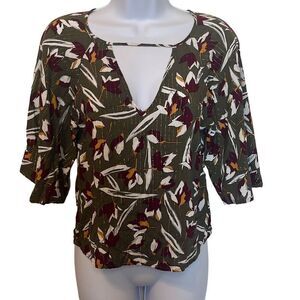 Zinzane Small Green Purple Floral Silver‎ Metallic Stripe V Neck Crop Top Blouse